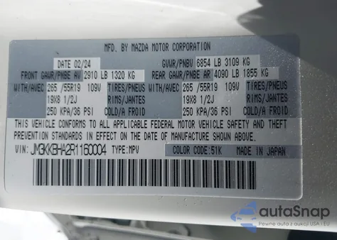 2024 Mazda Cx-90 Preferred z USA, uszkodzony, nr VIN JM3KKBHA2R1160004